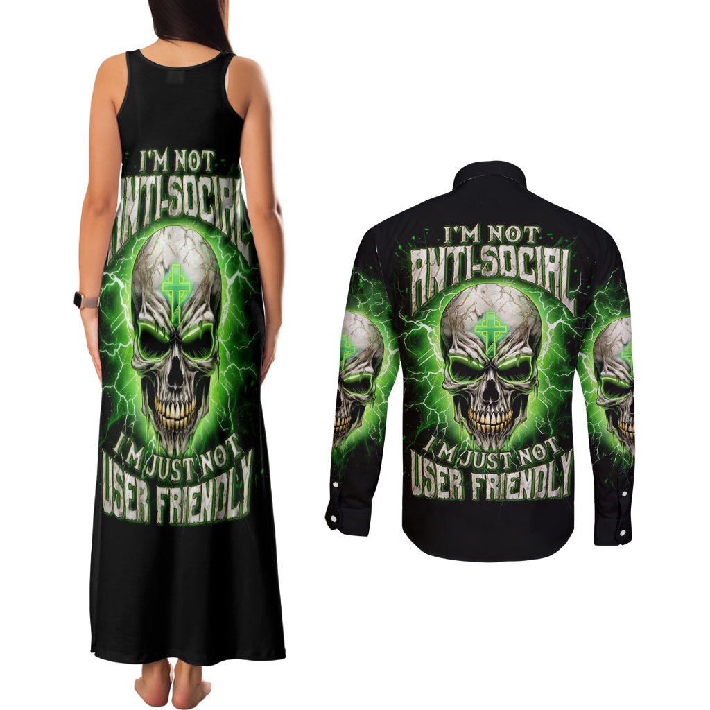 Thunder Skull Couples Matching Tank Maxi Dress and Long Sleeve Button Shirt I'm Not Anti-Social I Must Not User Friendly - Wonder Print Shop