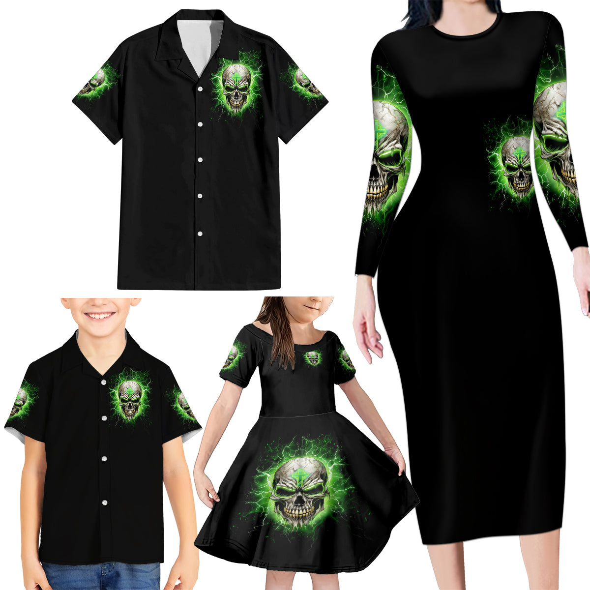 Thunder Skull Family Matching Long Sleeve Bodycon Dress and Hawaiian Shirt I'm Not Anti-Social I Must Not User Friendly - Wonder Print Shop