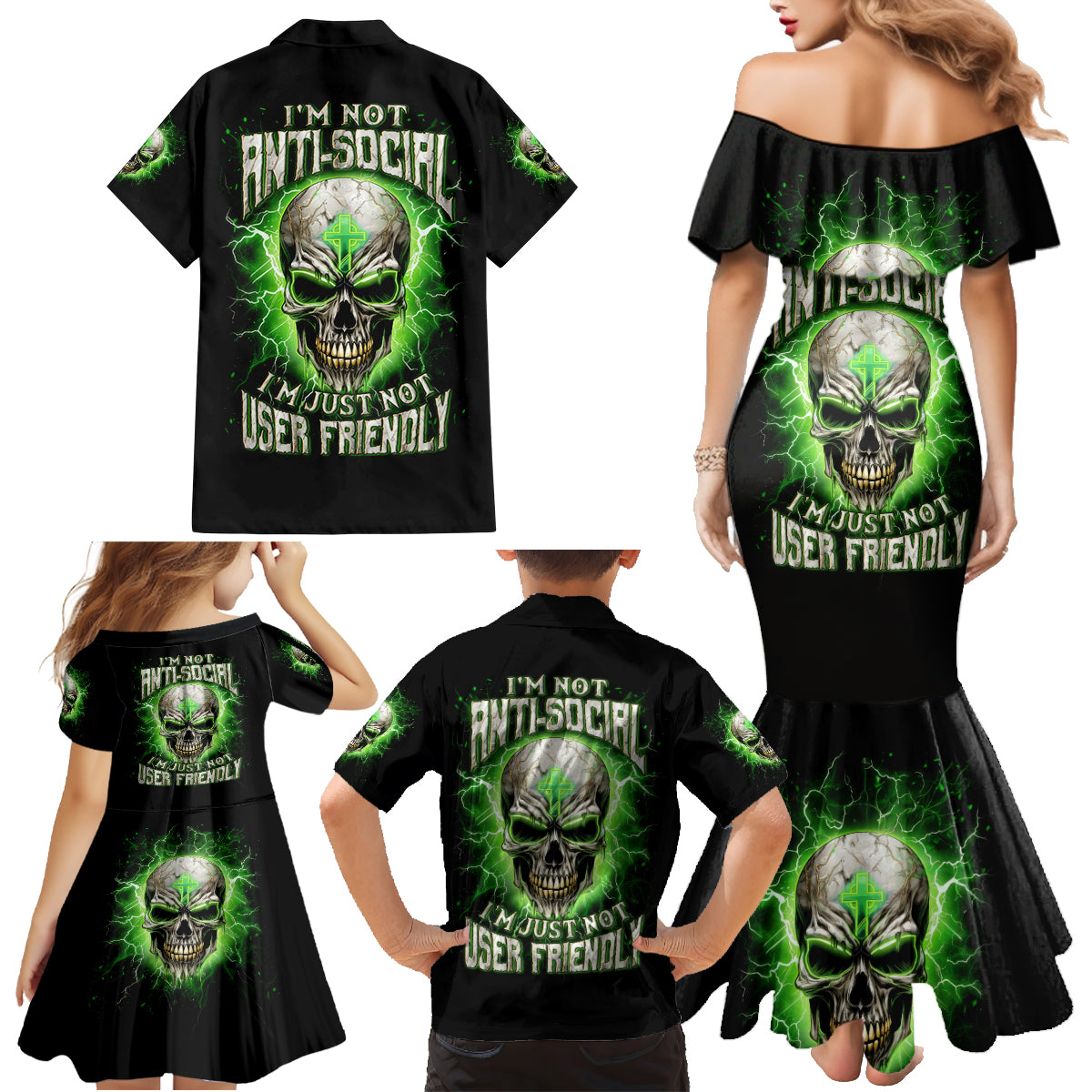 Thunder Skull Family Matching Mermaid Dress and Hawaiian Shirt I'm Not Anti-Social I Must Not User Friendly - Wonder Print Shop
