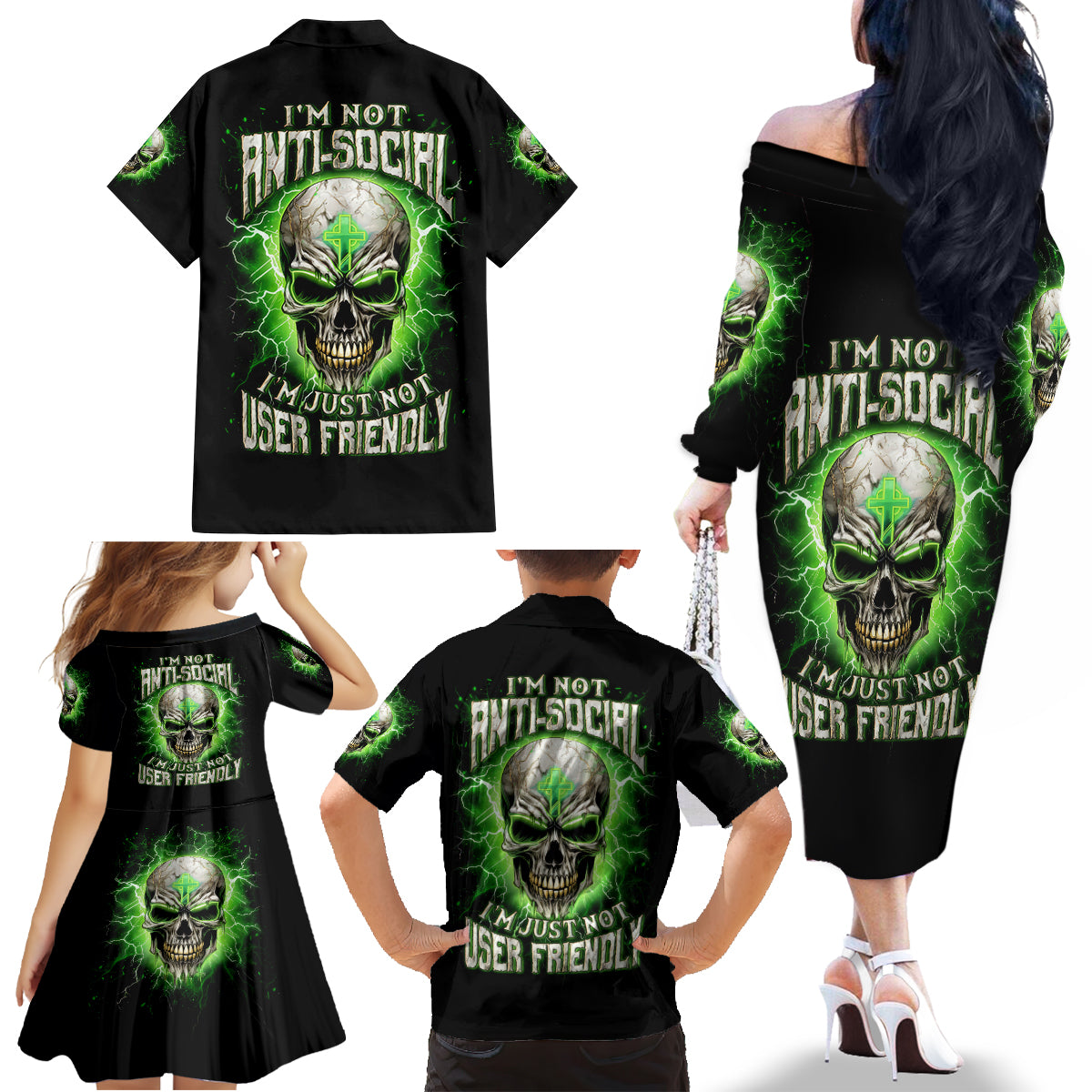 Thunder Skull Family Matching Off Shoulder Long Sleeve Dress and Hawaiian Shirt I'm Not Anti-Social I Must Not User Friendly - Wonder Print Shop