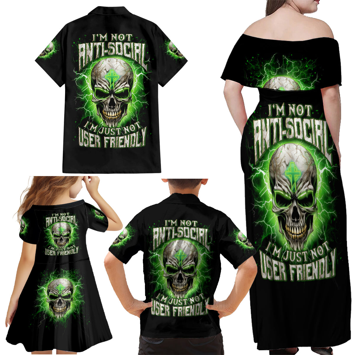 Thunder Skull Family Matching Off Shoulder Maxi Dress and Hawaiian Shirt I'm Not Anti-Social I Must Not User Friendly - Wonder Print Shop