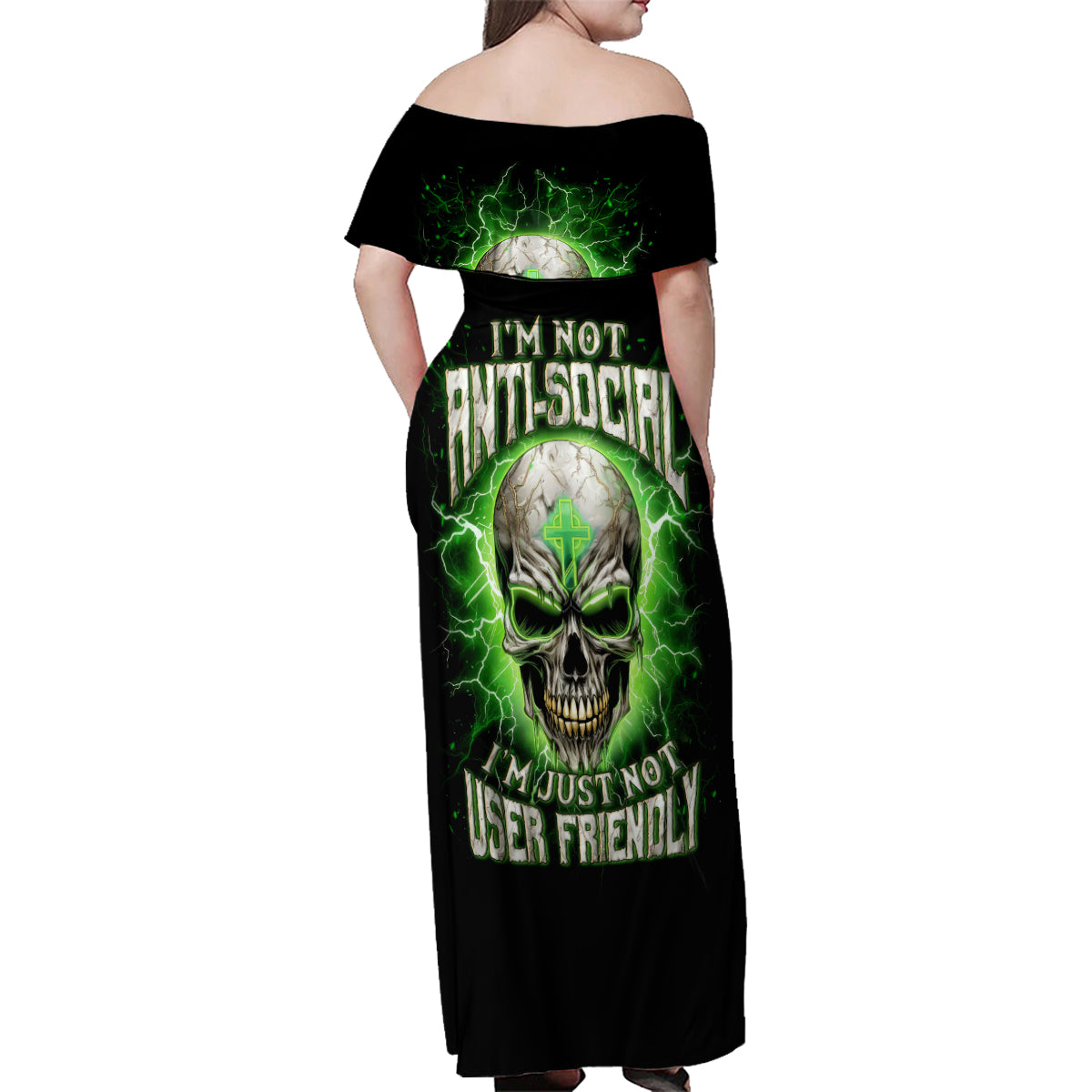 Thunder Skull Family Matching Off Shoulder Maxi Dress and Hawaiian Shirt I'm Not Anti-Social I Must Not User Friendly - Wonder Print Shop