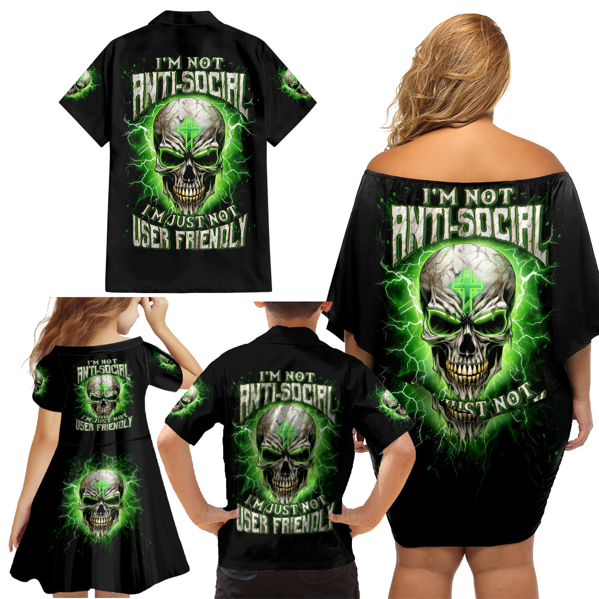 Thunder Skull Family Matching Off Shoulder Short Dress and Hawaiian Shirt I'm Not Anti-Social I Must Not User Friendly - Wonder Print Shop