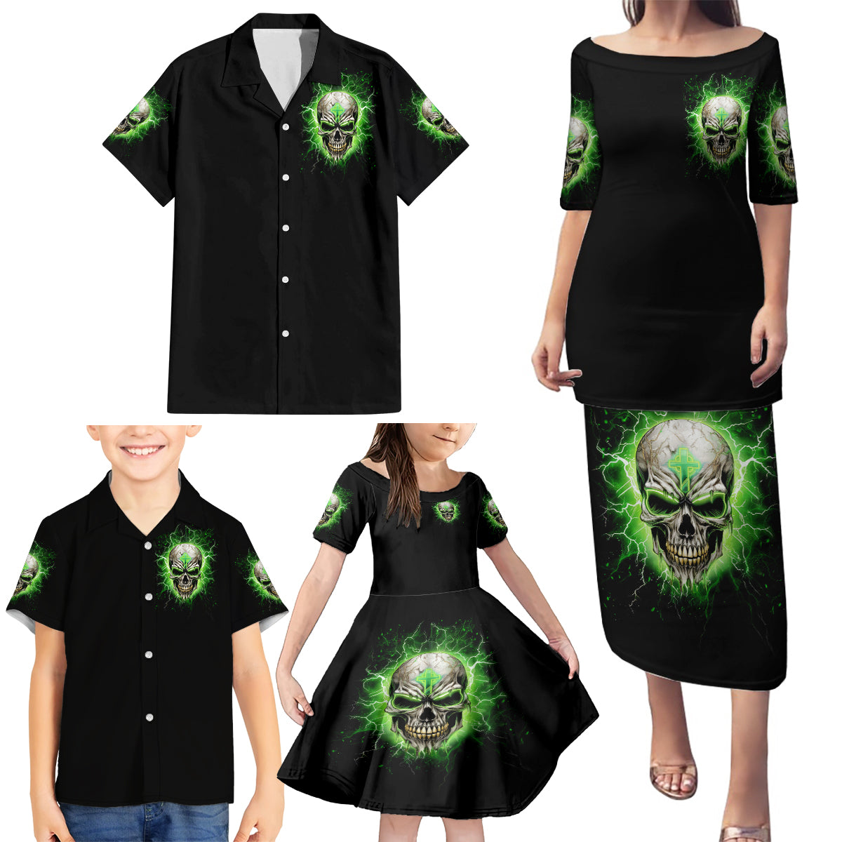 Thunder Skull Family Matching Puletasi and Hawaiian Shirt I'm Not Anti-Social I Must Not User Friendly - Wonder Print Shop