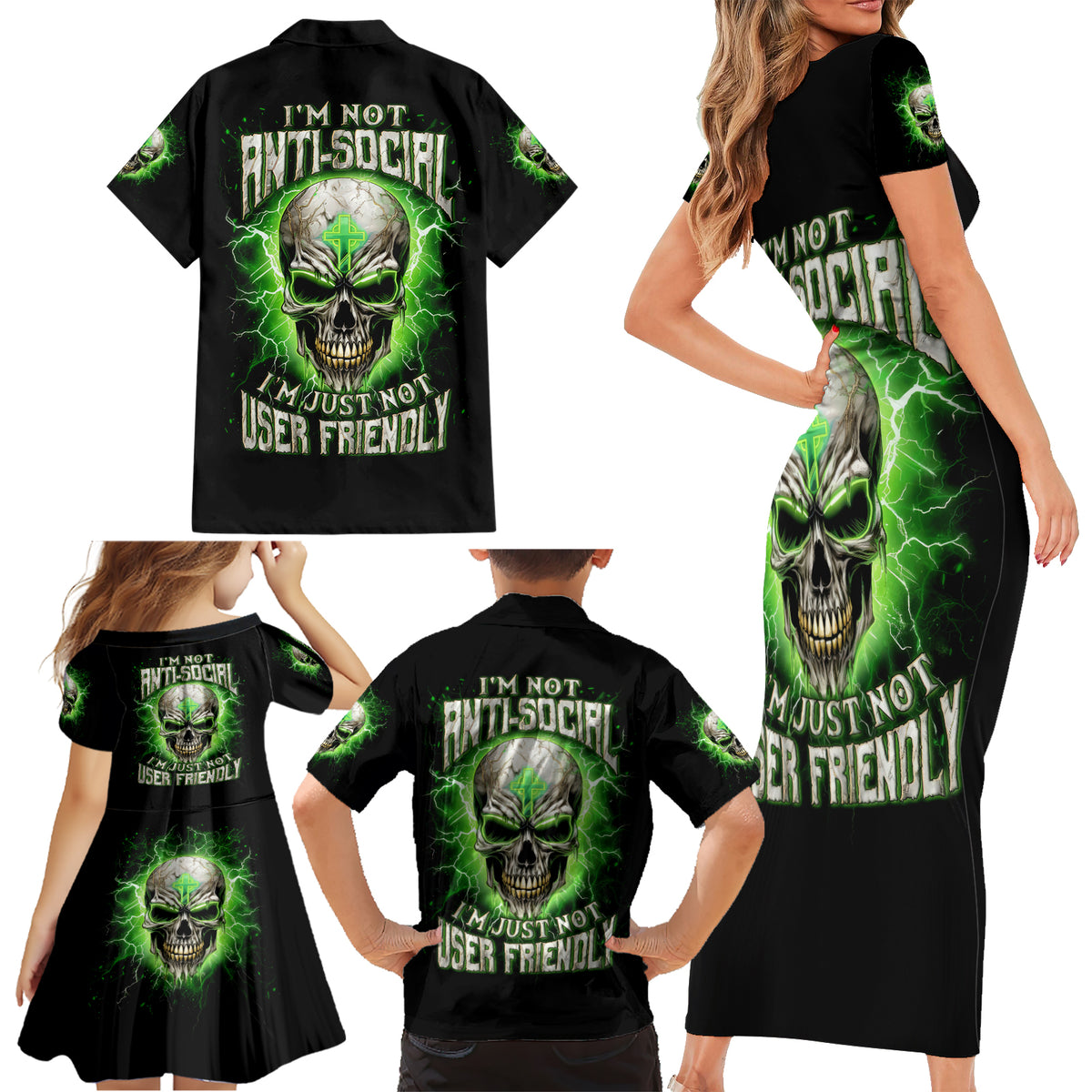 Thunder Skull Family Matching Short Sleeve Bodycon Dress and Hawaiian Shirt I'm Not Anti-Social I Must Not User Friendly - Wonder Print Shop