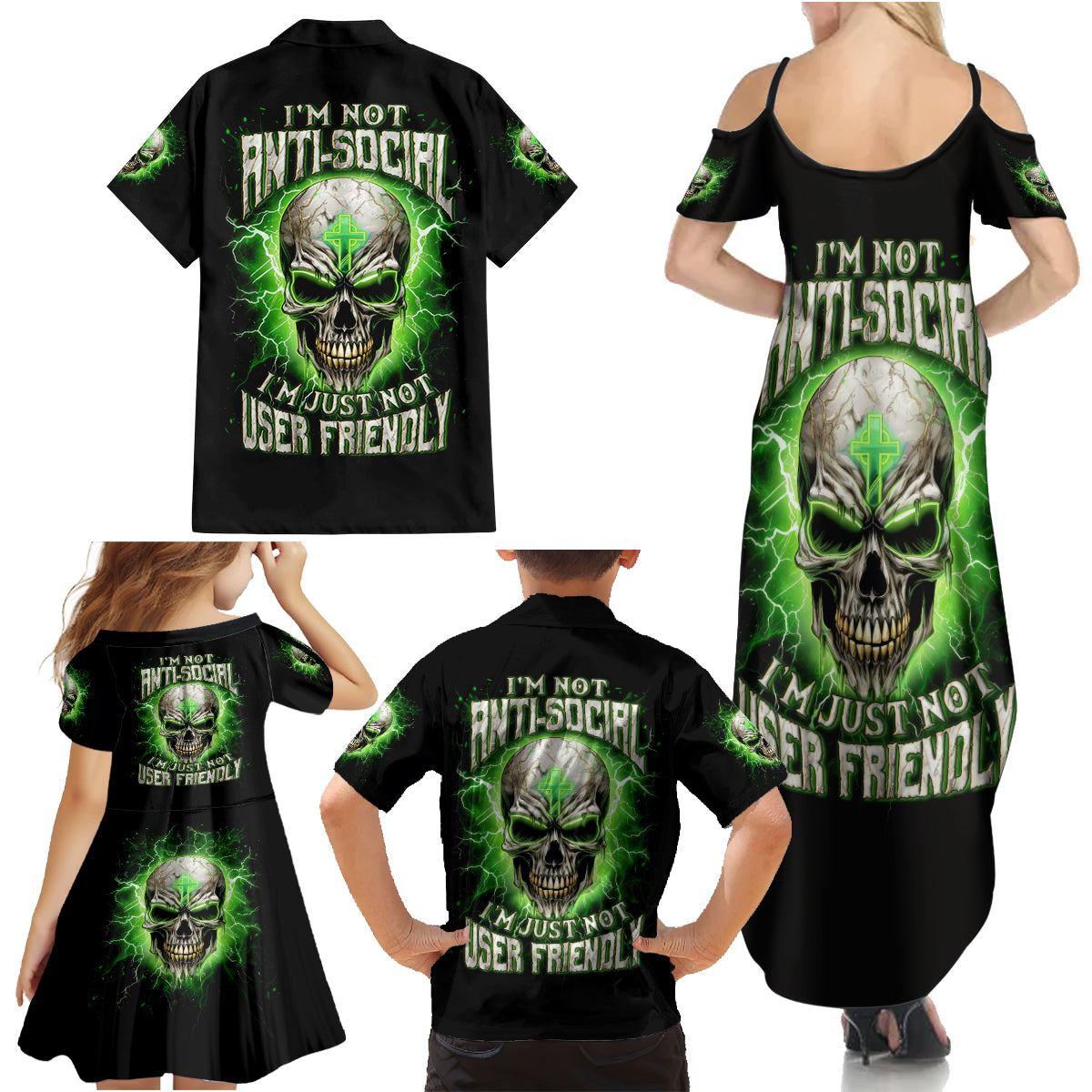 Thunder Skull Family Matching Summer Maxi Dress and Hawaiian Shirt I'm Not Anti-Social I Must Not User Friendly - Wonder Print Shop