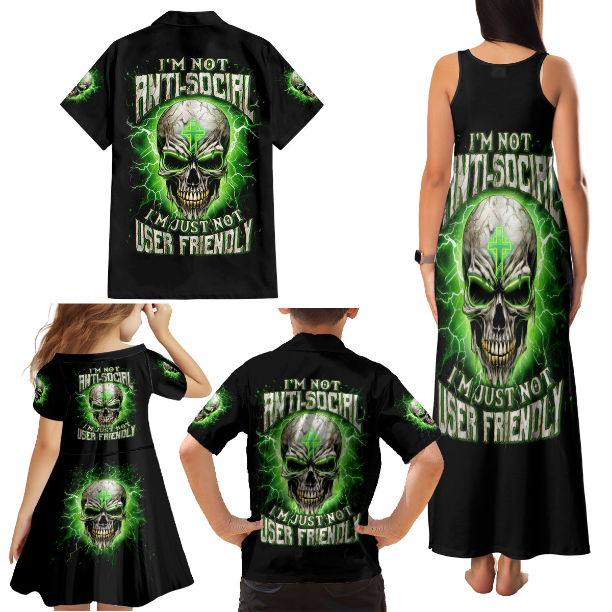 Thunder Skull Family Matching Tank Maxi Dress and Hawaiian Shirt I'm Not Anti-Social I Must Not User Friendly - Wonder Print Shop