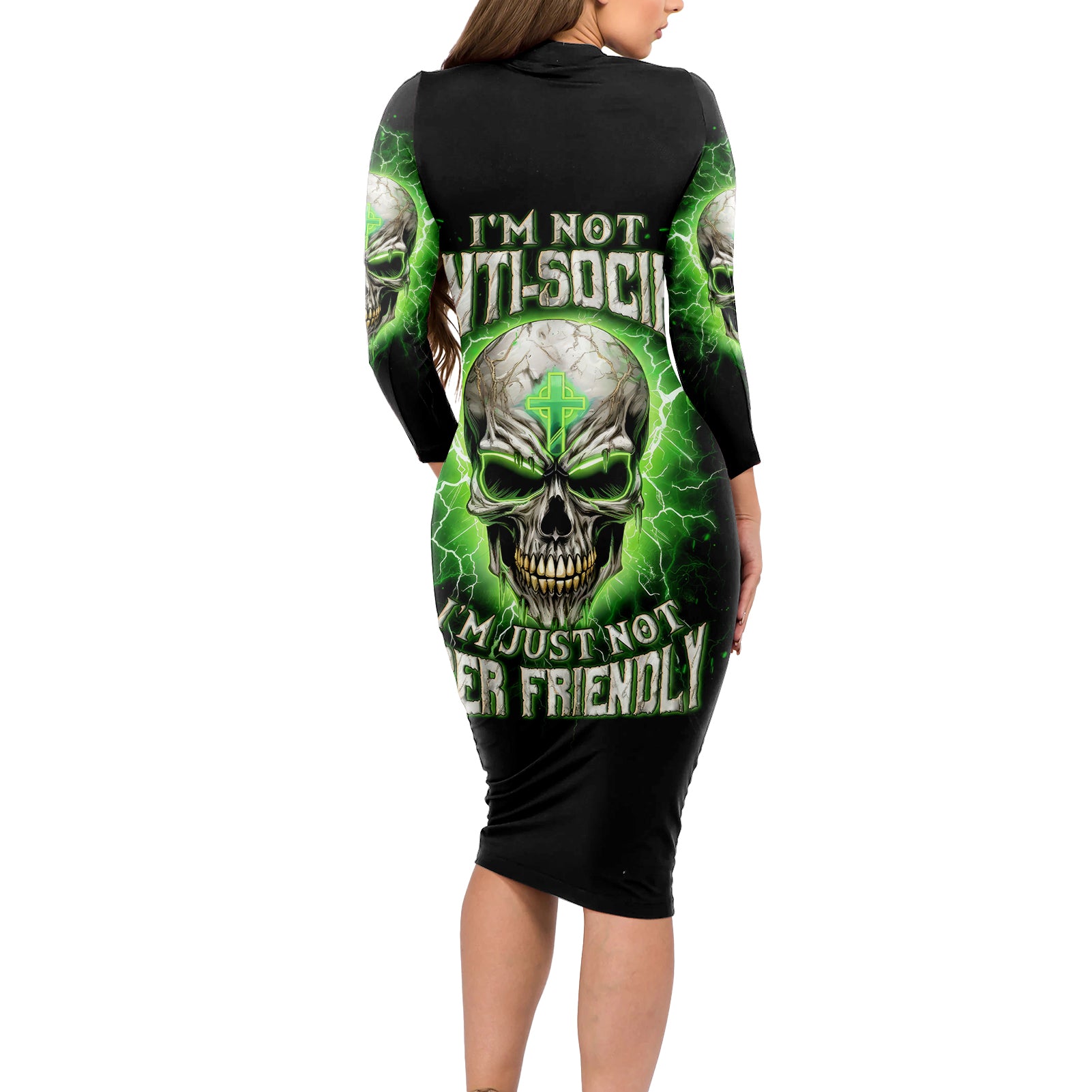 Thunder Skull Long Sleeve Bodycon Dress I'm Not Anti-Social I Must Not User Friendly - Wonder Print Shop
