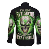 Thunder Skull Long Sleeve Button Shirt I'm Not Anti-Social I Must Not User Friendly - Wonder Print Shop
