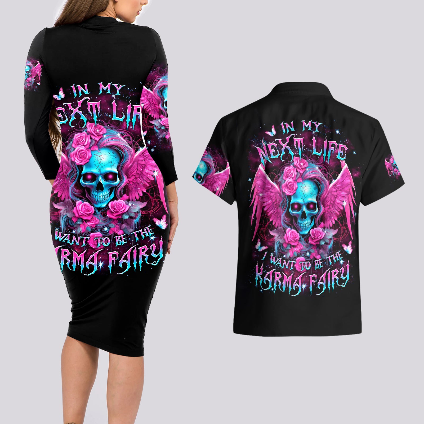 Skull Lady Couples Matching Long Sleeve Bodycon Dress and Hawaiian Shirt In My Next Life I Want To Be The Karma Fairy - Wonder Print Shop