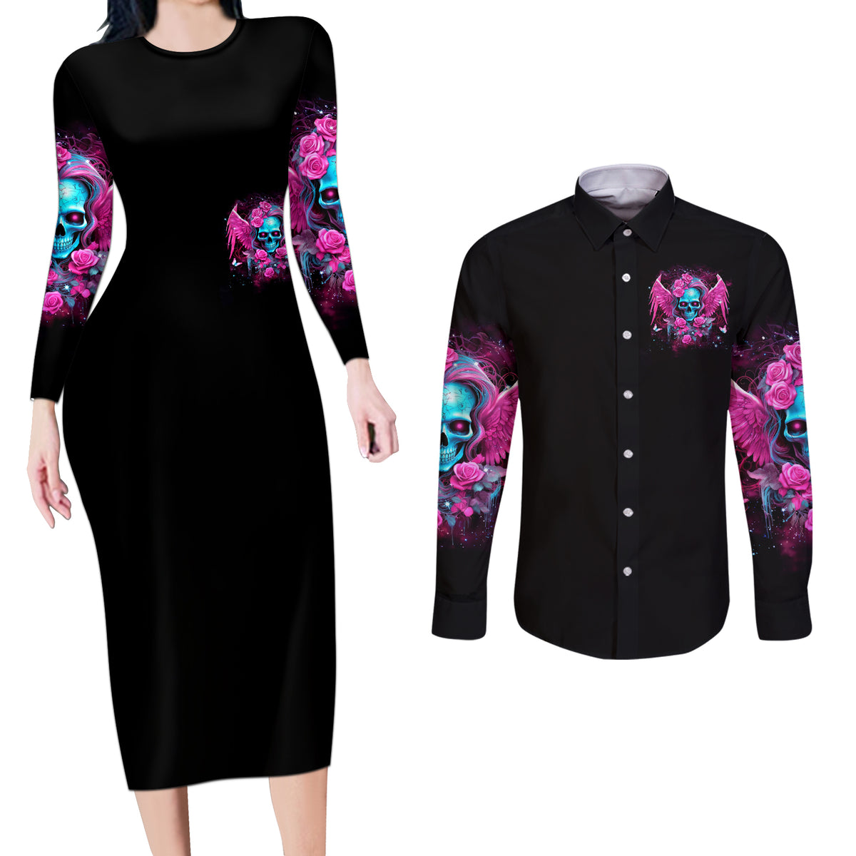Skull Lady Couples Matching Long Sleeve Bodycon Dress and Long Sleeve Button Shirt In My Next Life I Want To Be The Karma Fairy - Wonder Print Shop