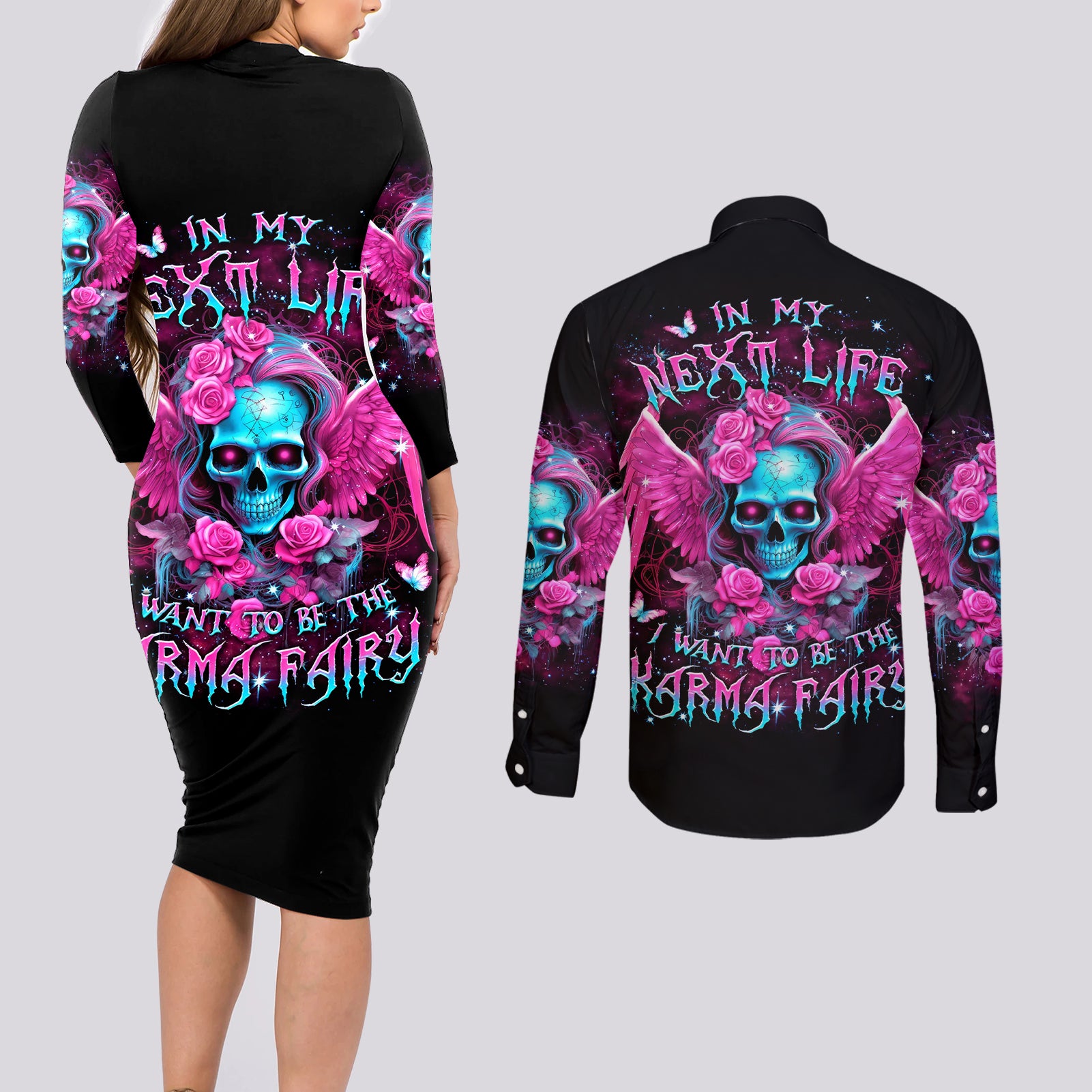 Skull Lady Couples Matching Long Sleeve Bodycon Dress and Long Sleeve Button Shirt In My Next Life I Want To Be The Karma Fairy - Wonder Print Shop