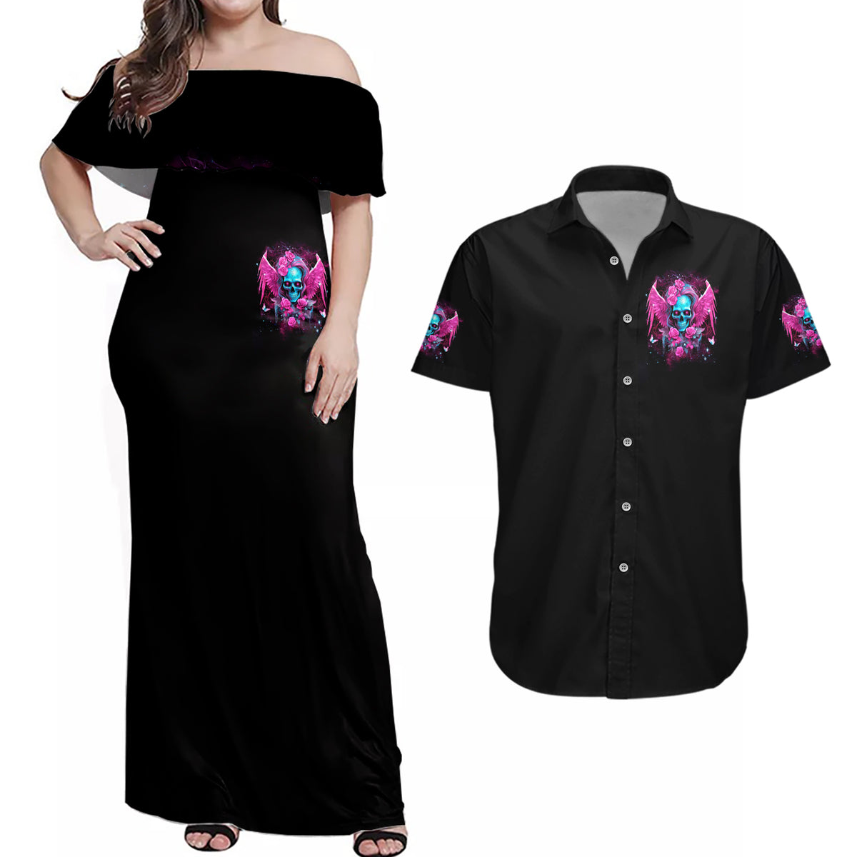 Skull Lady Couples Matching Off Shoulder Maxi Dress and Hawaiian Shirt In My Next Life I Want To Be The Karma Fairy - Wonder Print Shop