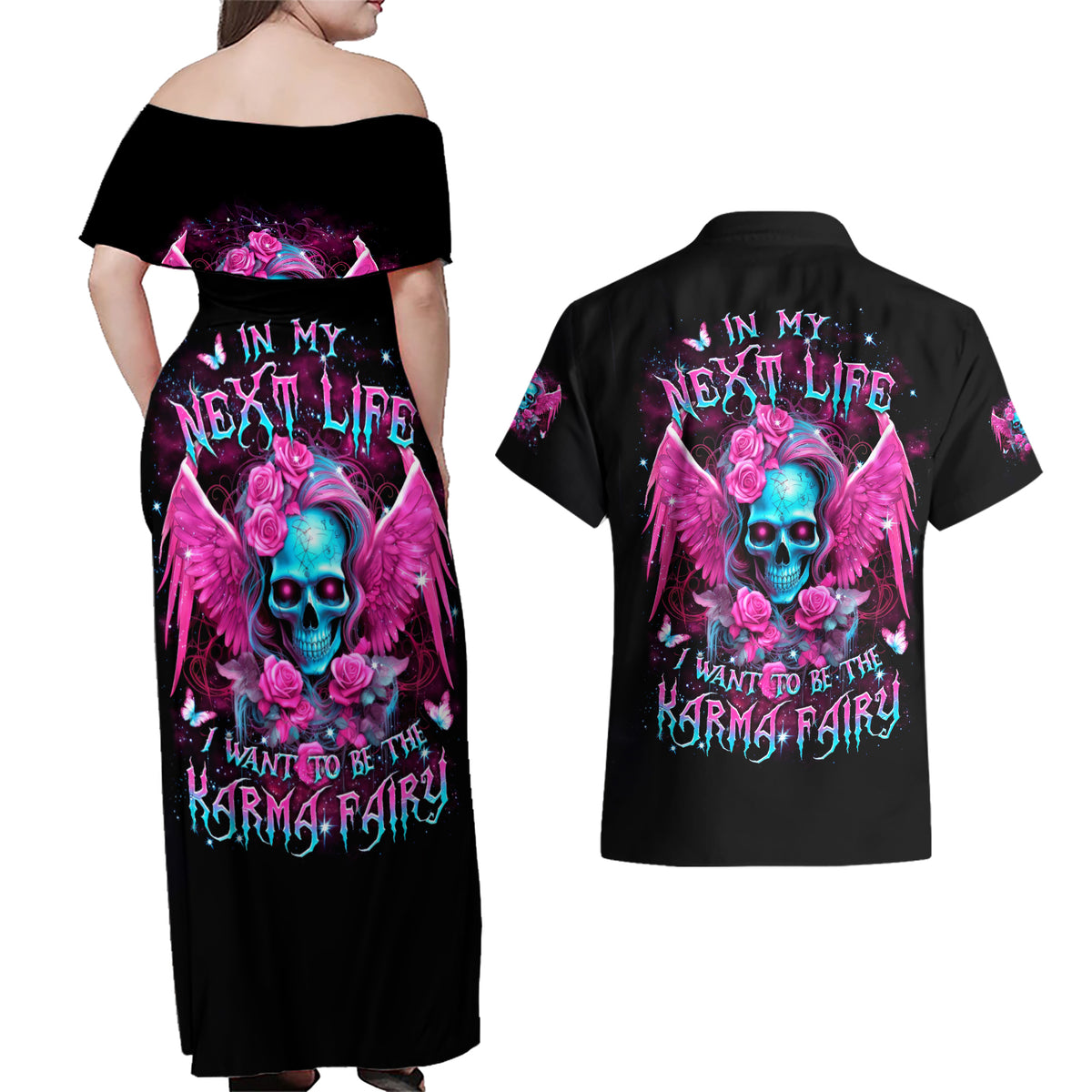 Skull Lady Couples Matching Off Shoulder Maxi Dress and Hawaiian Shirt In My Next Life I Want To Be The Karma Fairy - Wonder Print Shop