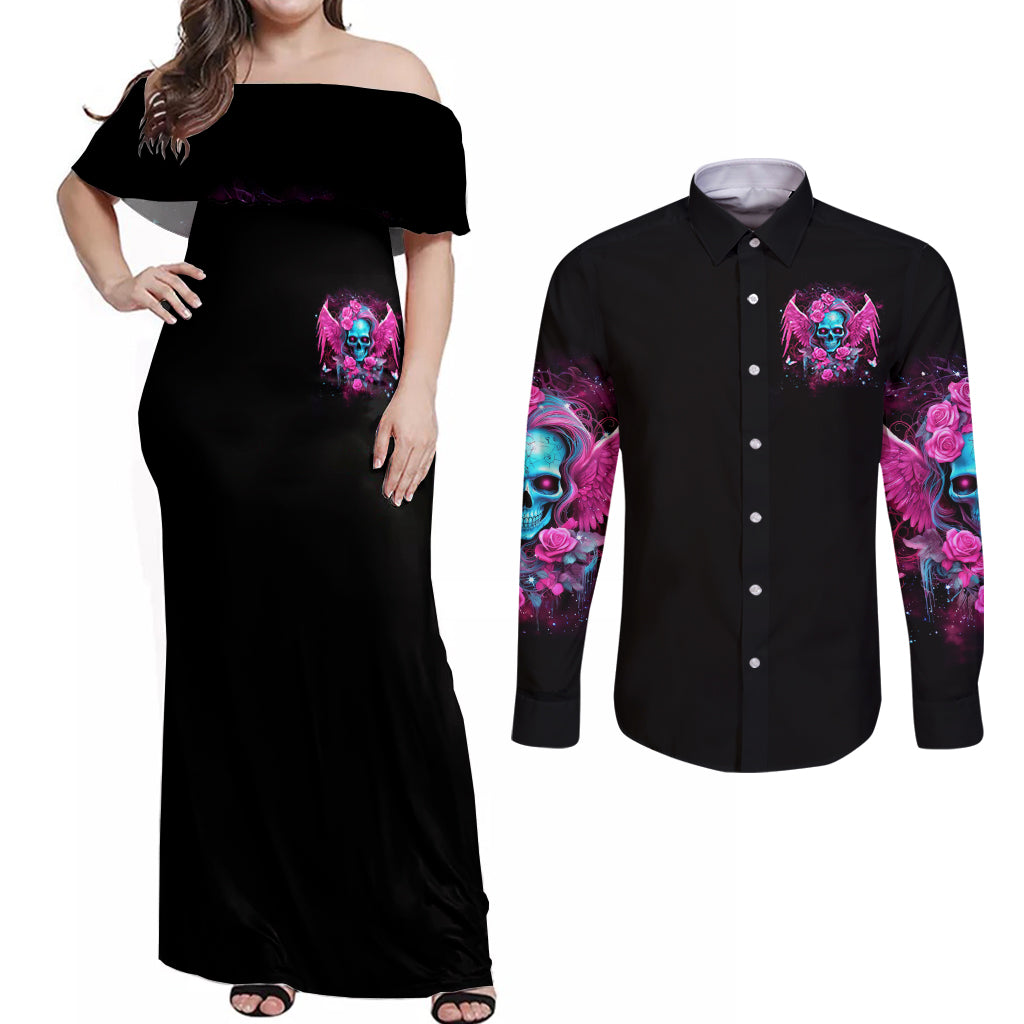 Skull Lady Couples Matching Off Shoulder Maxi Dress and Long Sleeve Button Shirt In My Next Life I Want To Be The Karma Fairy - Wonder Print Shop