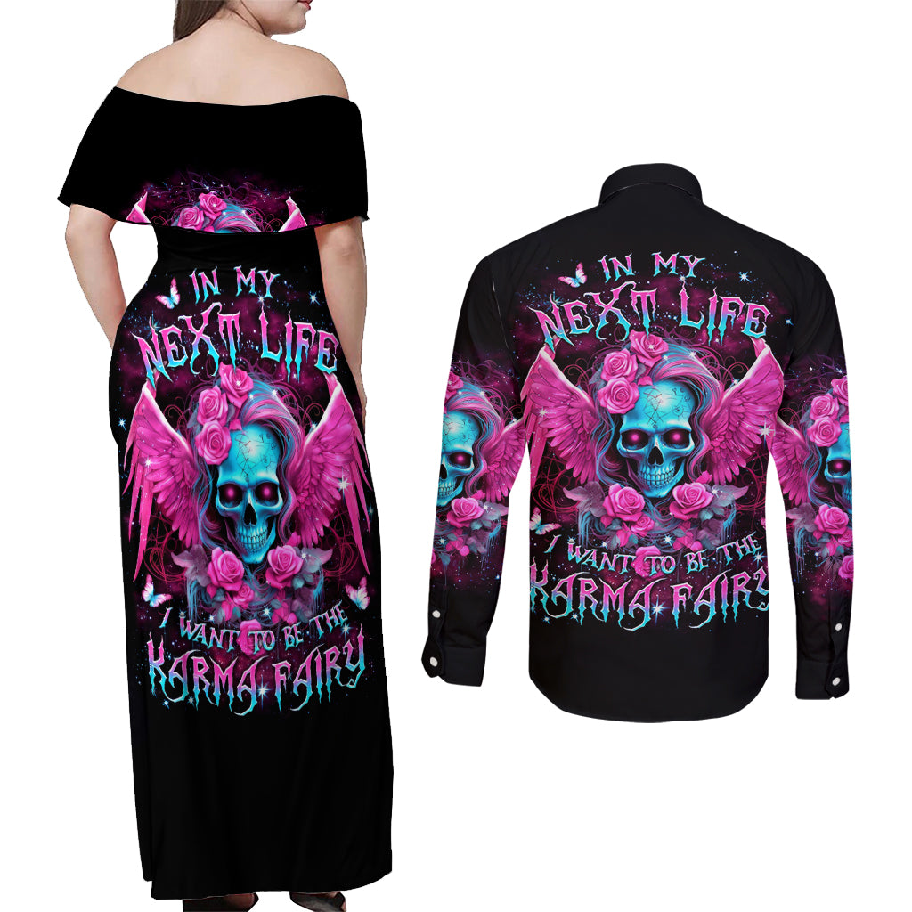 Skull Lady Couples Matching Off Shoulder Maxi Dress and Long Sleeve Button Shirt In My Next Life I Want To Be The Karma Fairy - Wonder Print Shop