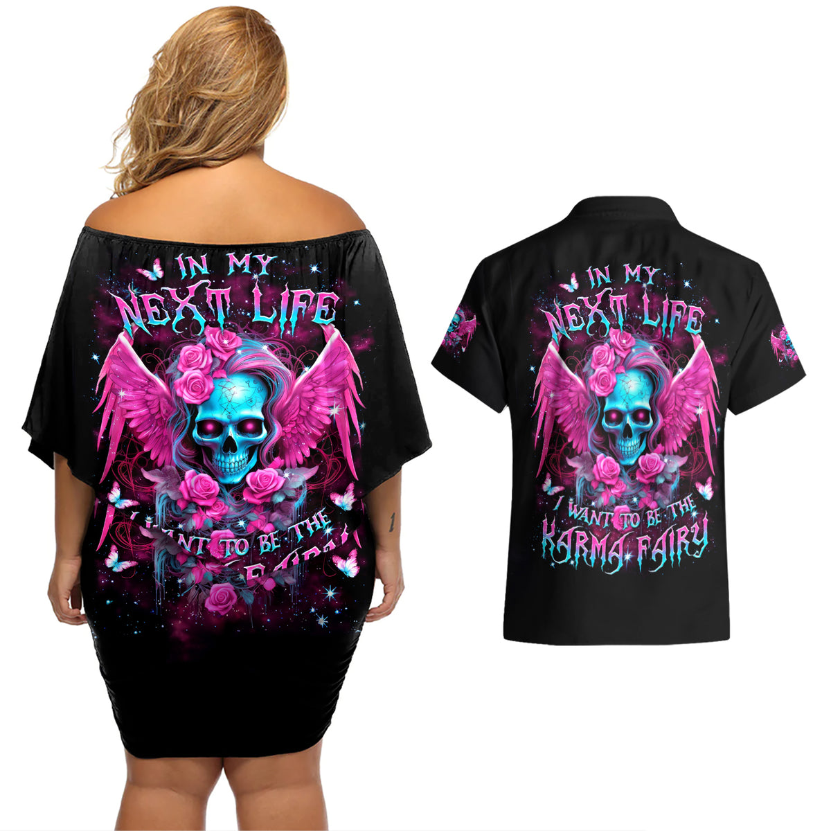 Skull Lady Couples Matching Off Shoulder Short Dress and Hawaiian Shirt In My Next Life I Want To Be The Karma Fairy - Wonder Print Shop
