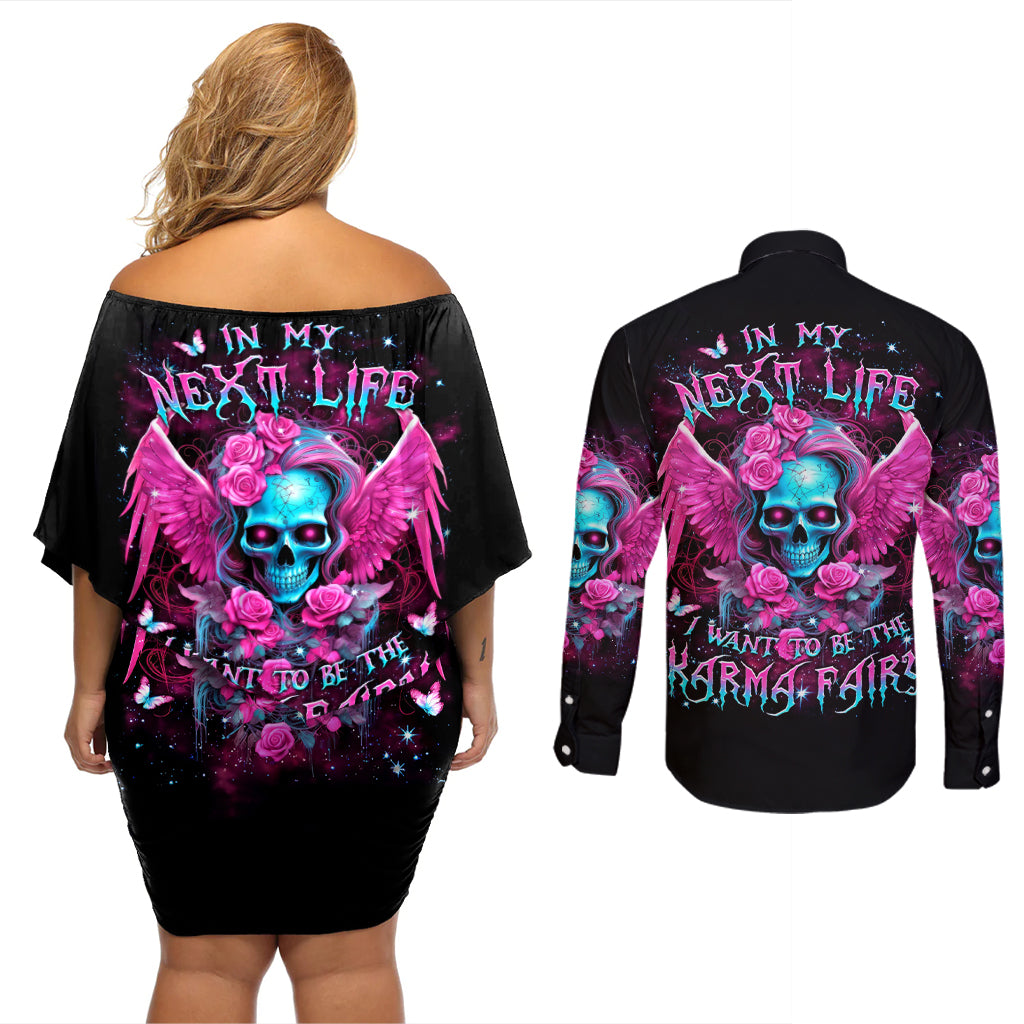 Skull Lady Couples Matching Off Shoulder Short Dress and Long Sleeve Button Shirt In My Next Life I Want To Be The Karma Fairy - Wonder Print Shop