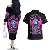 Skull Lady Couples Matching Off The Shoulder Long Sleeve Dress and Hawaiian Shirt In My Next Life I Want To Be The Karma Fairy - Wonder Print Shop