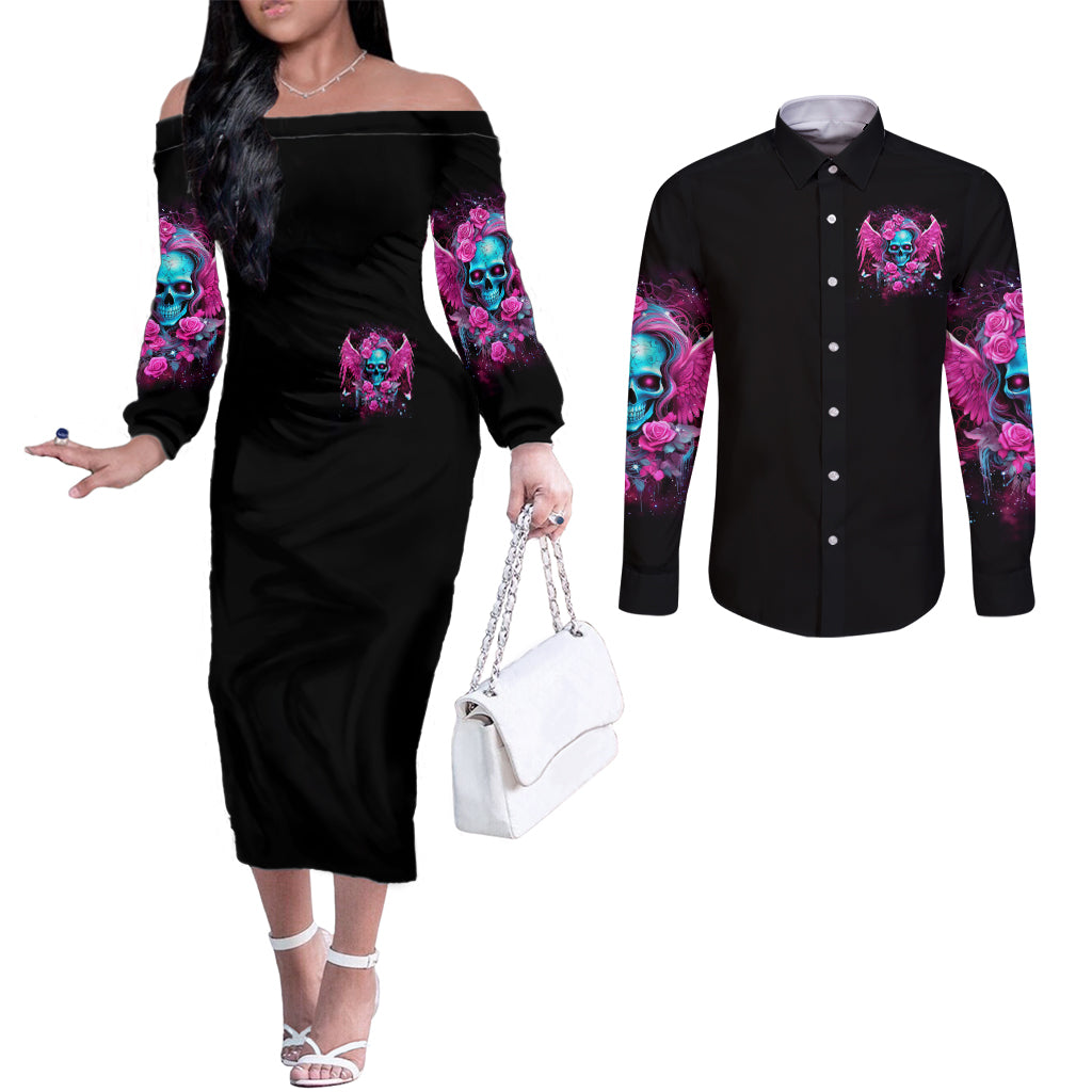 Skull Lady Couples Matching Off The Shoulder Long Sleeve Dress and Long Sleeve Button Shirt In My Next Life I Want To Be The Karma Fairy