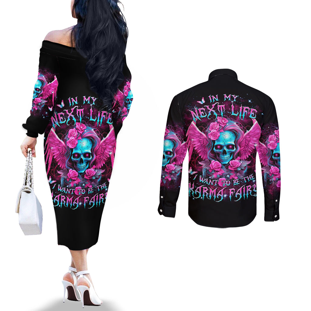 Skull Lady Couples Matching Off The Shoulder Long Sleeve Dress and Long Sleeve Button Shirt In My Next Life I Want To Be The Karma Fairy