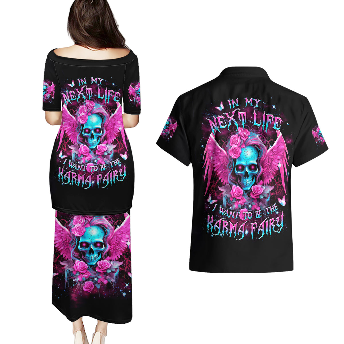 Skull Lady Couples Matching Puletasi and Hawaiian Shirt In My Next Life I Want To Be The Karma Fairy - Wonder Print Shop