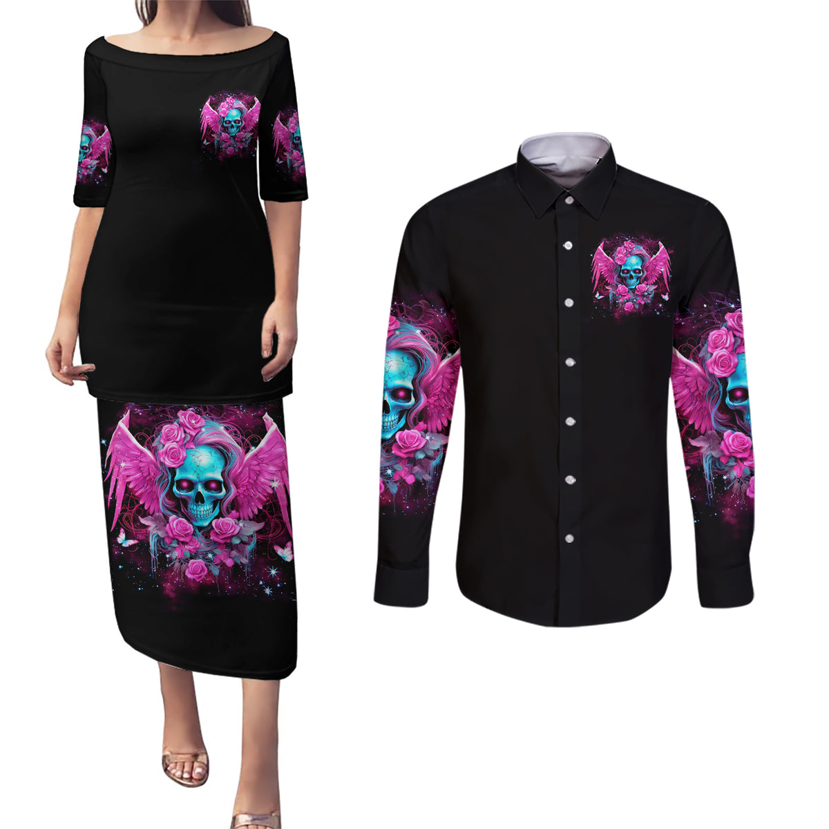 Skull Lady Couples Matching Puletasi and Long Sleeve Button Shirt In My Next Life I Want To Be The Karma Fairy - Wonder Print Shop