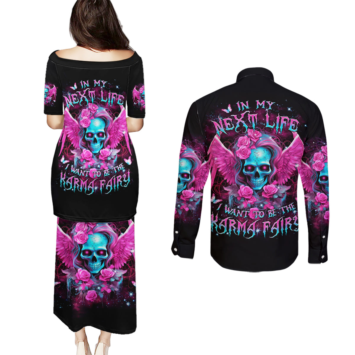 Skull Lady Couples Matching Puletasi and Long Sleeve Button Shirt In My Next Life I Want To Be The Karma Fairy - Wonder Print Shop