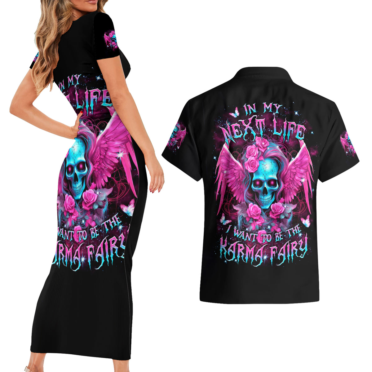 Skull Lady Couples Matching Short Sleeve Bodycon Dress and Hawaiian Shirt In My Next Life I Want To Be The Karma Fairy - Wonder Print Shop