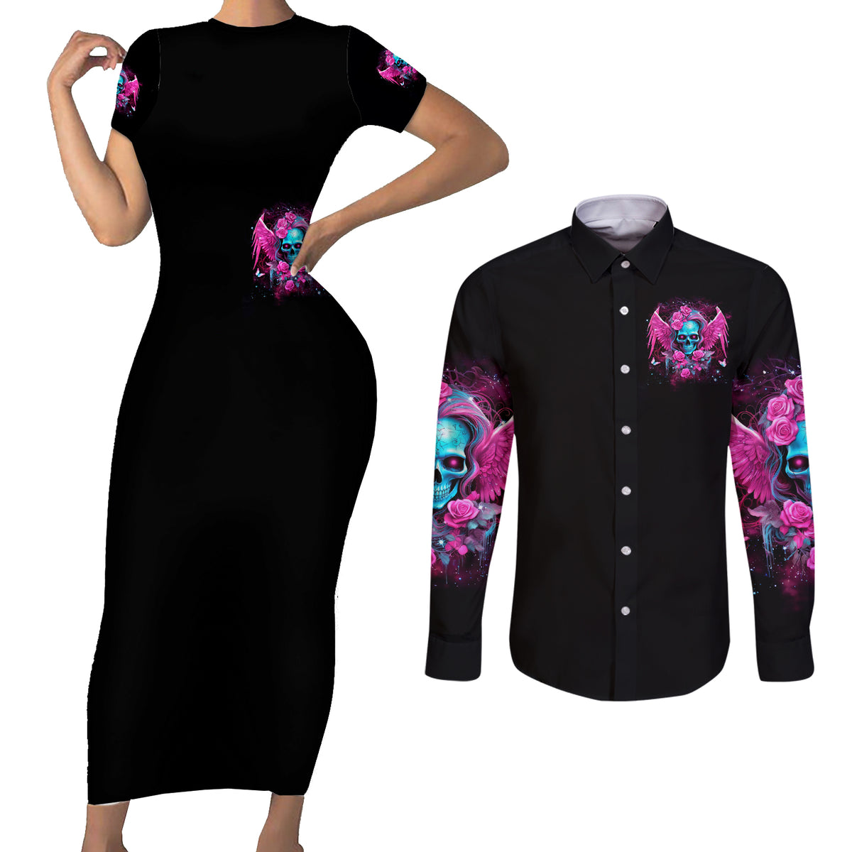 Skull Lady Couples Matching Short Sleeve Bodycon Dress and Long Sleeve Button Shirt In My Next Life I Want To Be The Karma Fairy - Wonder Print Shop