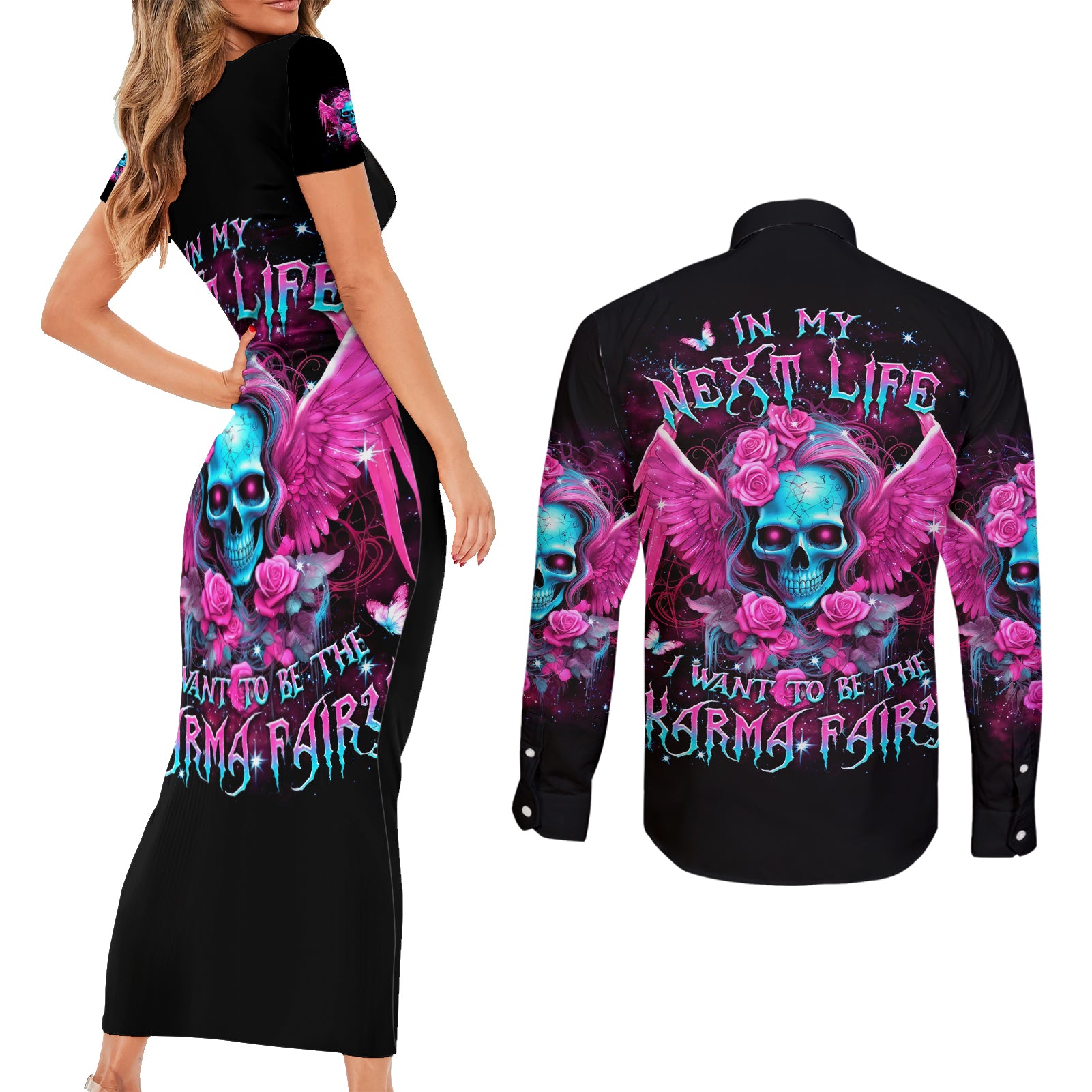 Skull Lady Couples Matching Short Sleeve Bodycon Dress and Long Sleeve Button Shirt In My Next Life I Want To Be The Karma Fairy - Wonder Print Shop