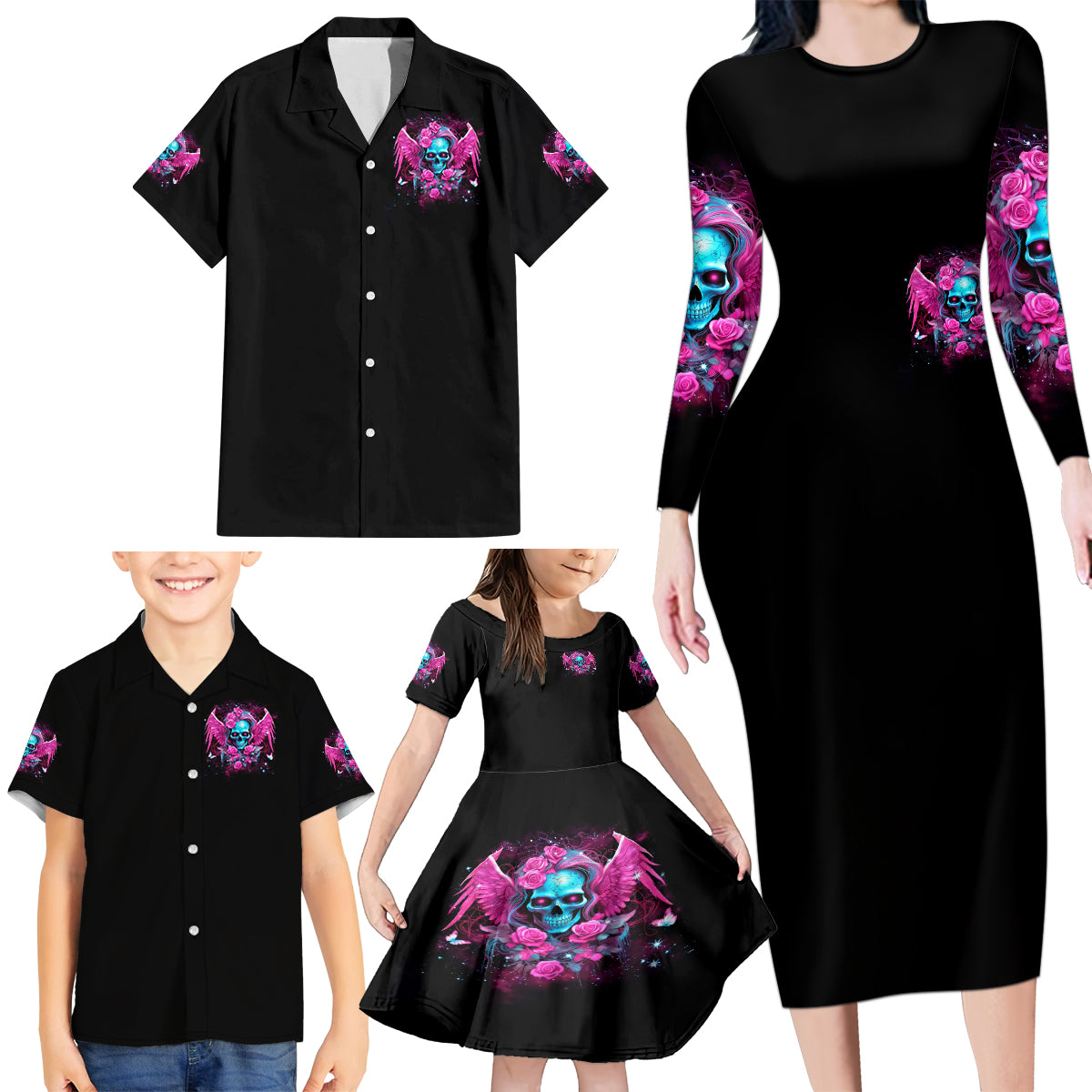 Skull Lady Family Matching Long Sleeve Bodycon Dress and Hawaiian Shirt In My Next Life I Want To Be The Karma Fairy - Wonder Print Shop