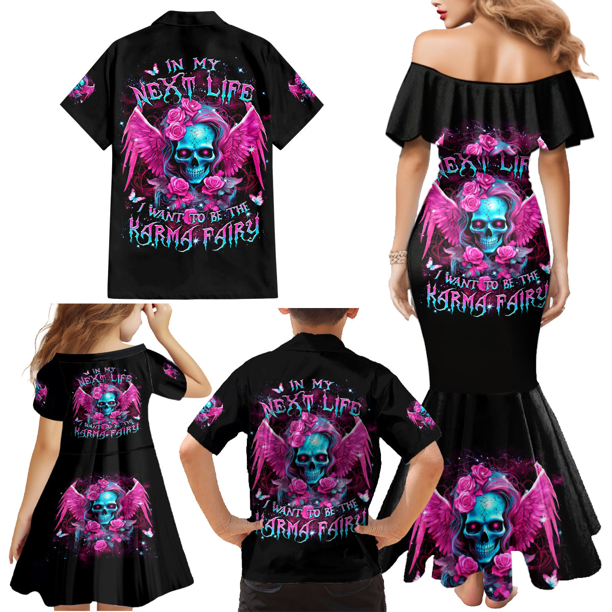 Skull Lady Family Matching Mermaid Dress and Hawaiian Shirt In My Next Life I Want To Be The Karma Fairy - Wonder Print Shop