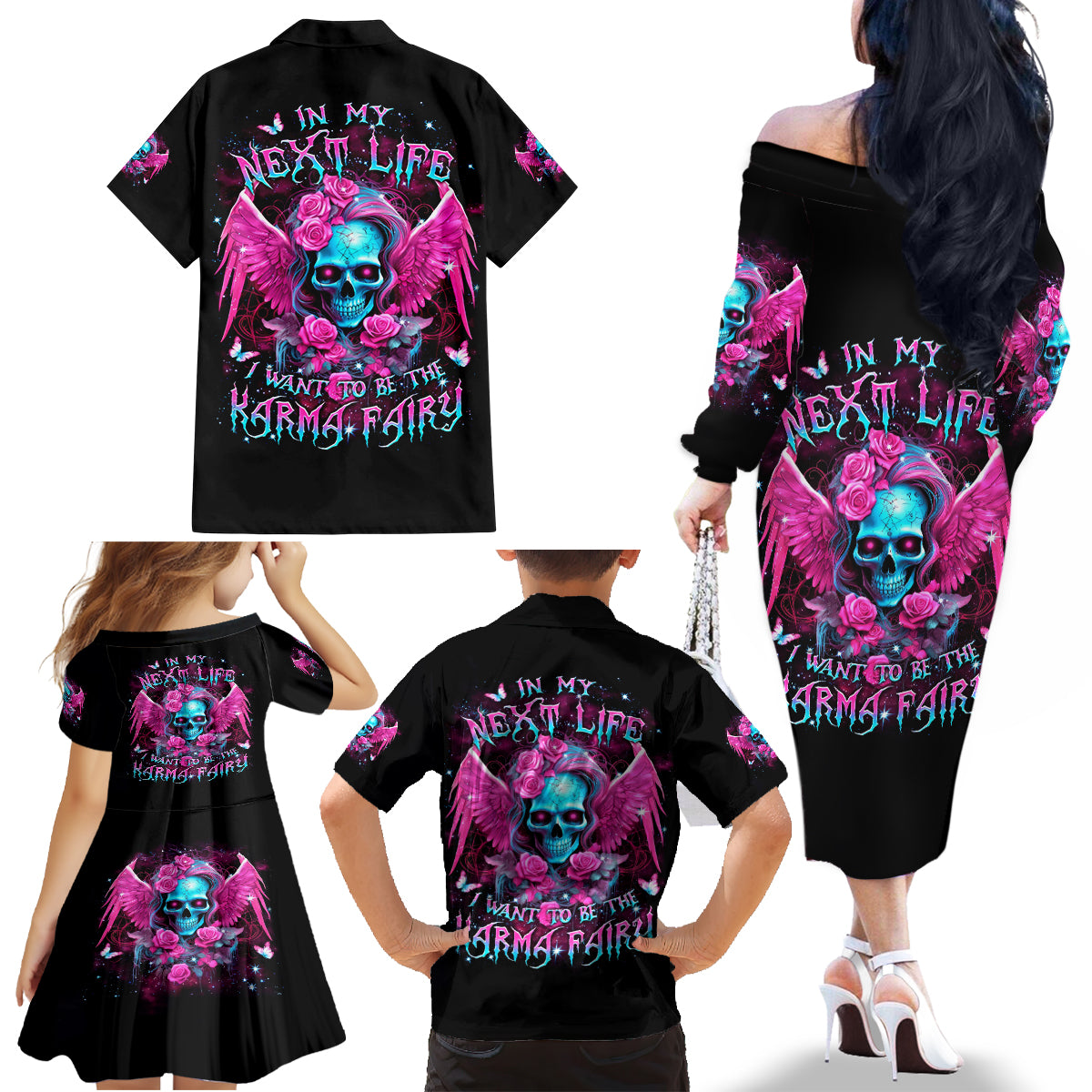 Skull Lady Family Matching Off Shoulder Long Sleeve Dress and Hawaiian Shirt In My Next Life I Want To Be The Karma Fairy - Wonder Print Shop
