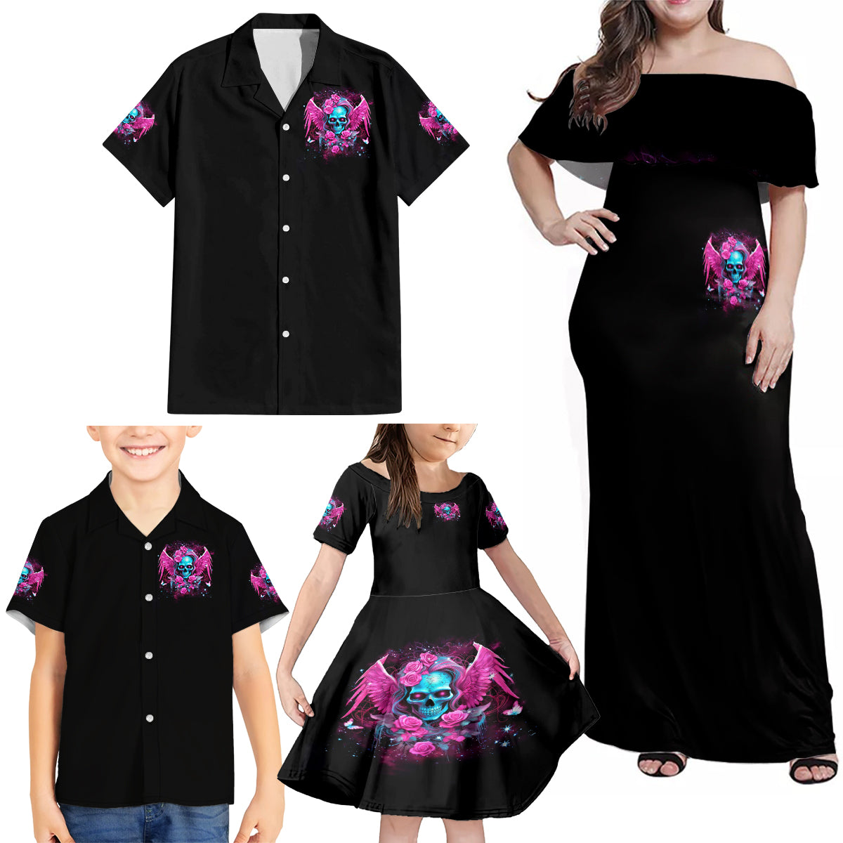 Skull Lady Family Matching Off Shoulder Maxi Dress and Hawaiian Shirt In My Next Life I Want To Be The Karma Fairy - Wonder Print Shop