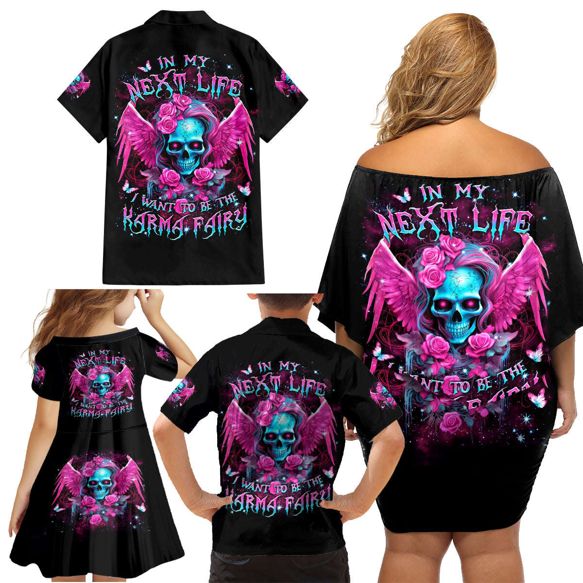 Skull Lady Family Matching Off Shoulder Short Dress and Hawaiian Shirt In My Next Life I Want To Be The Karma Fairy - Wonder Print Shop