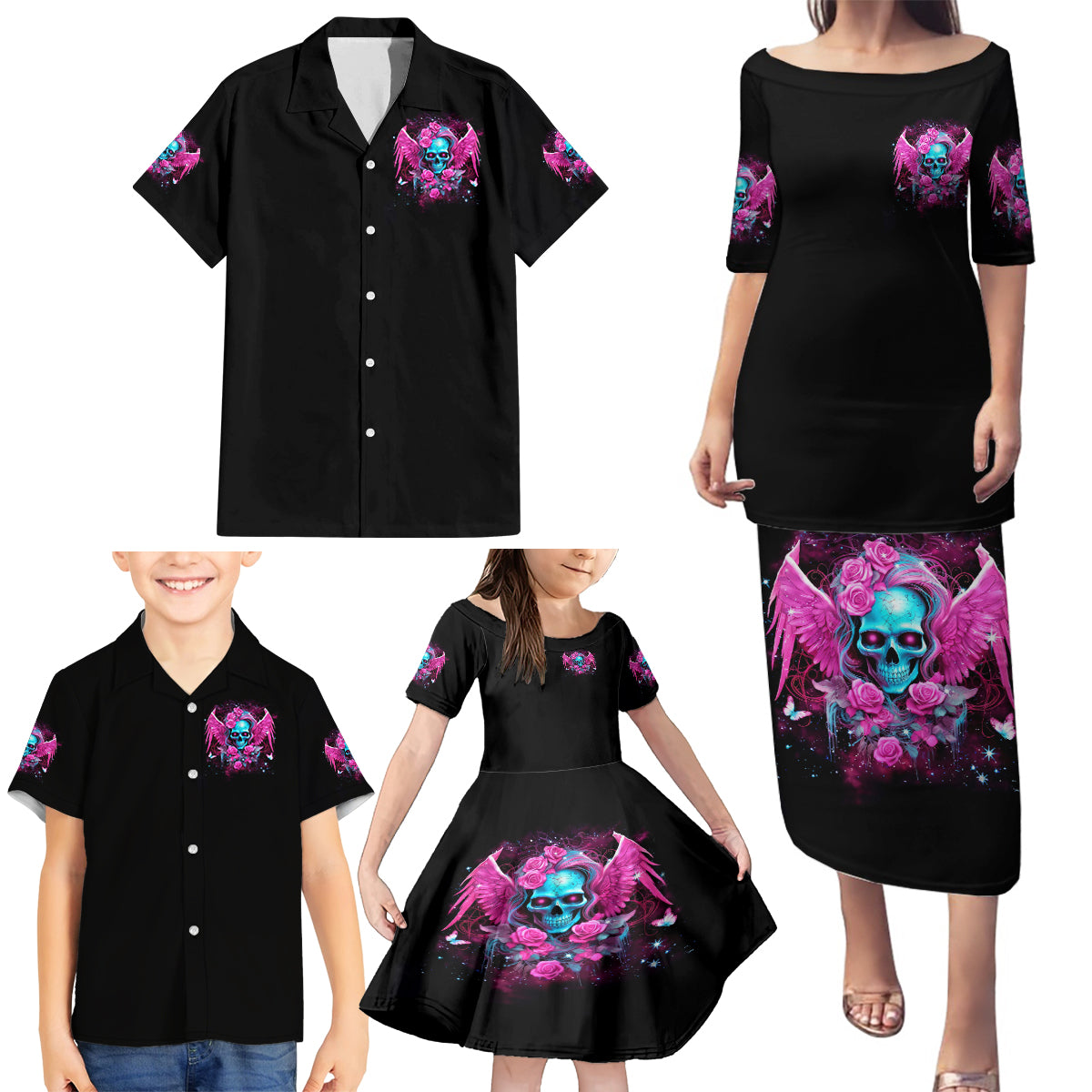 Skull Lady Family Matching Puletasi and Hawaiian Shirt In My Next Life I Want To Be The Karma Fairy - Wonder Print Shop