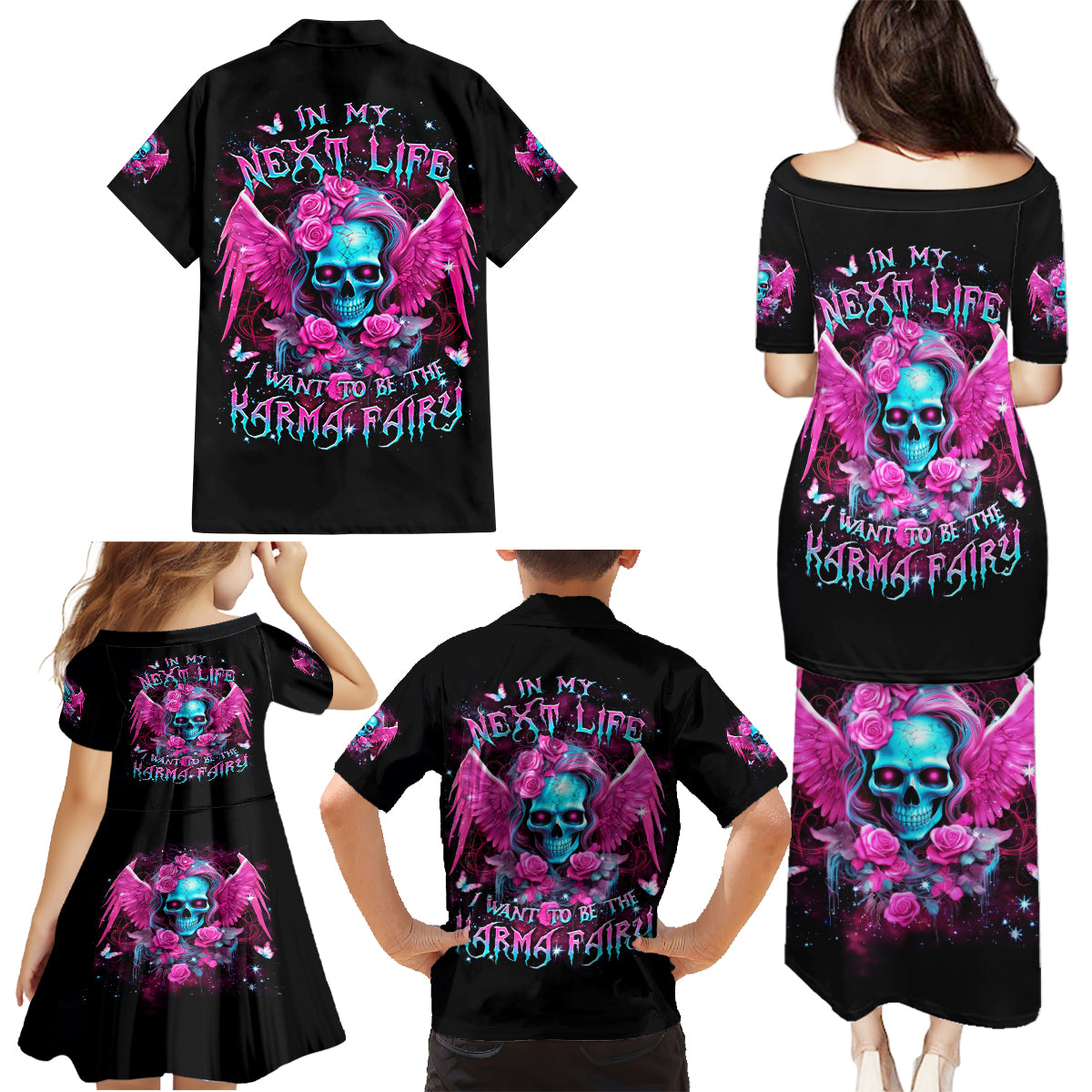 Skull Lady Family Matching Puletasi and Hawaiian Shirt In My Next Life I Want To Be The Karma Fairy - Wonder Print Shop