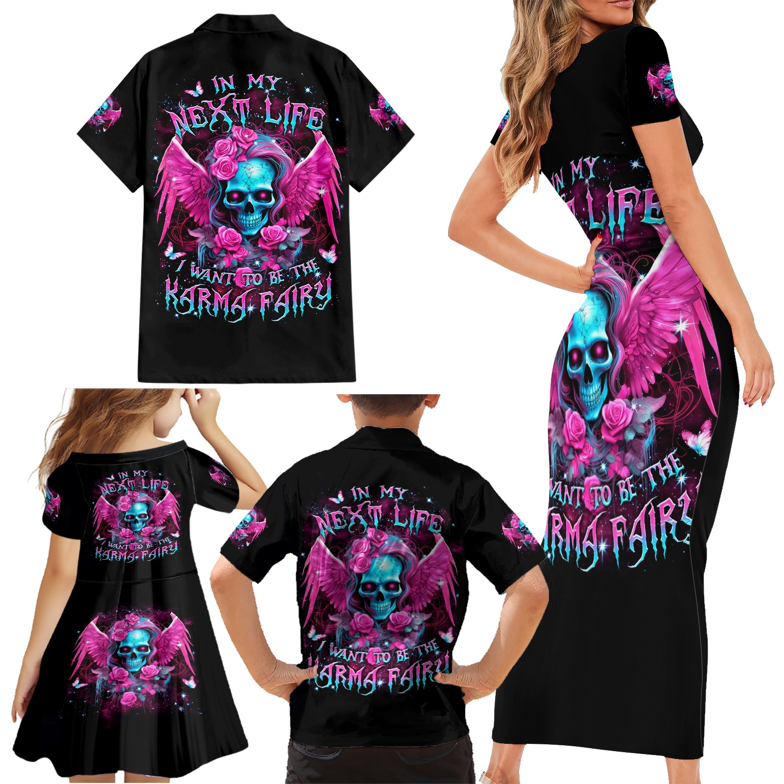 Skull Lady Family Matching Short Sleeve Bodycon Dress and Hawaiian Shirt In My Next Life I Want To Be The Karma Fairy - Wonder Print Shop