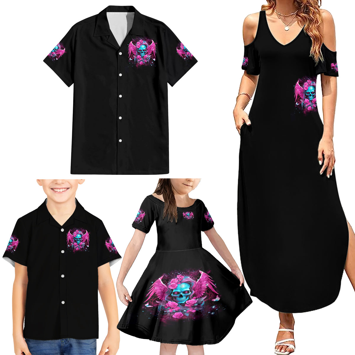 Skull Lady Family Matching Summer Maxi Dress and Hawaiian Shirt In My Next Life I Want To Be The Karma Fairy - Wonder Print Shop
