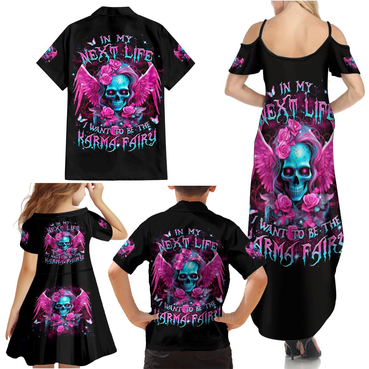 Skull Lady Family Matching Summer Maxi Dress and Hawaiian Shirt In My Next Life I Want To Be The Karma Fairy - Wonder Print Shop