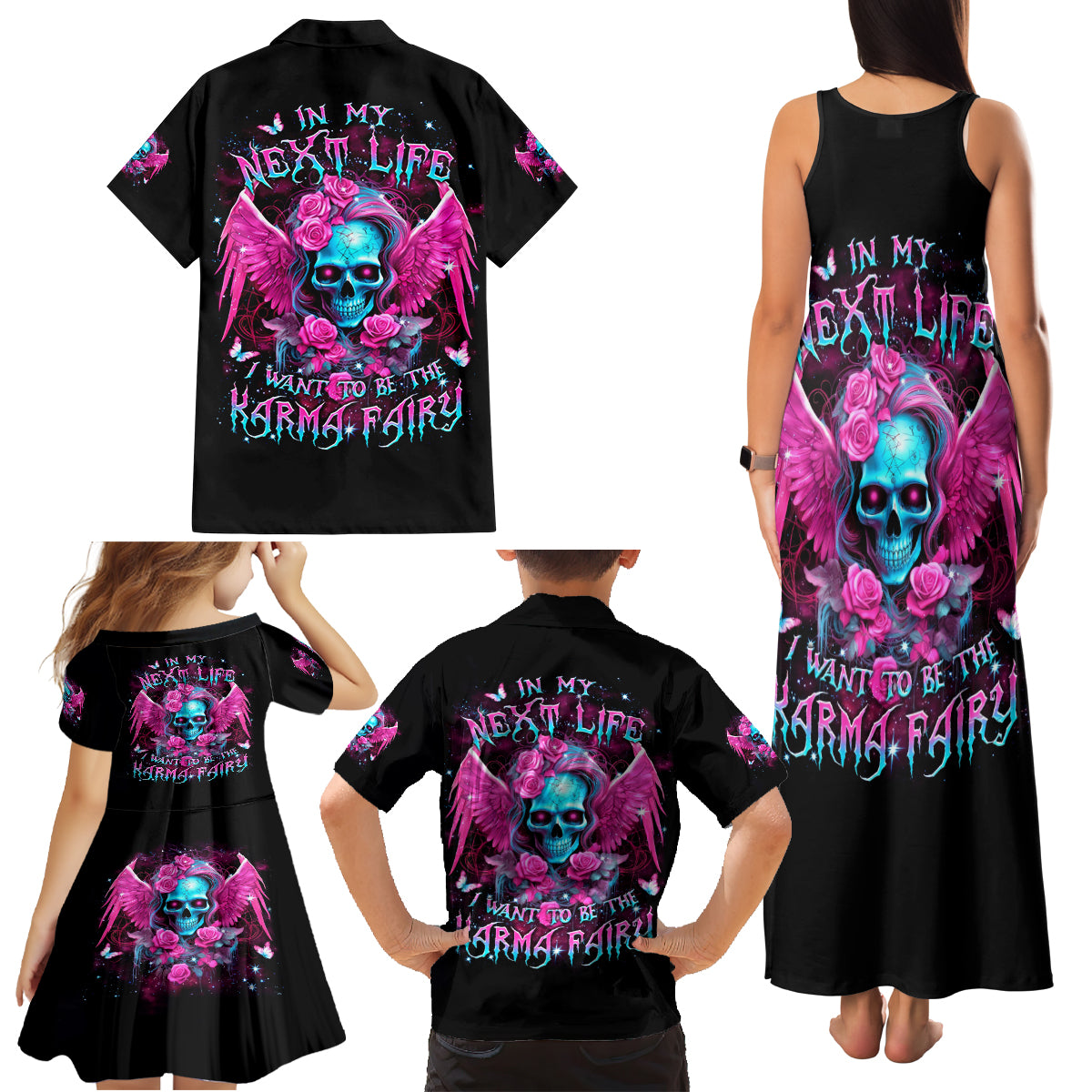 Skull Lady Family Matching Tank Maxi Dress and Hawaiian Shirt In My Next Life I Want To Be The Karma Fairy - Wonder Print Shop