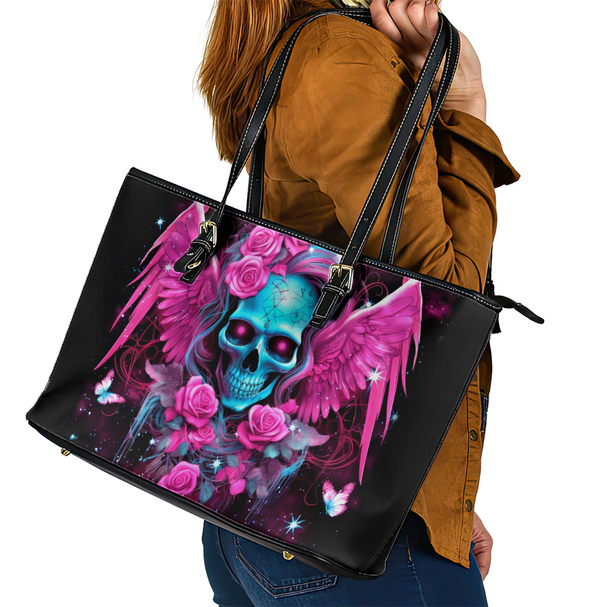 Skull Lady Leather Tote Bag In My Next Life I Want To Be The Karma Fairy - Wonder Print Shop