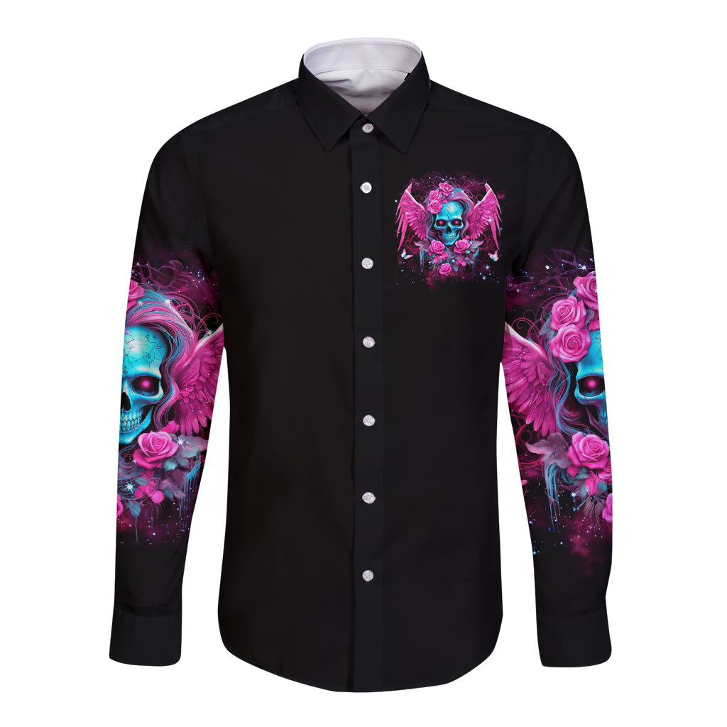 Skull Lady Long Sleeve Button Shirt In My Next Life I Want To Be The Karma Fairy - Wonder Print Shop