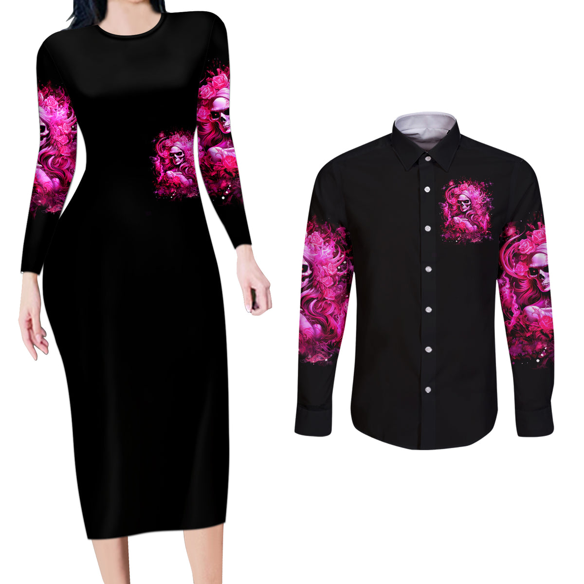 Skull Lady Couples Matching Long Sleeve Bodycon Dress and Long Sleeve Button Shirt Look Hot Be Cold - Wonder Print Shop