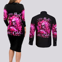 Skull Lady Couples Matching Long Sleeve Bodycon Dress and Long Sleeve Button Shirt Look Hot Be Cold - Wonder Print Shop