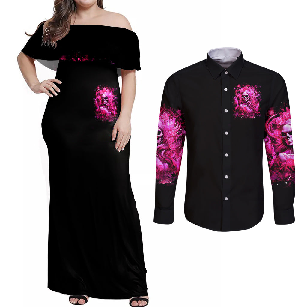 Skull Lady Couples Matching Off Shoulder Maxi Dress and Long Sleeve Button Shirt Look Hot Be Cold - Wonder Print Shop