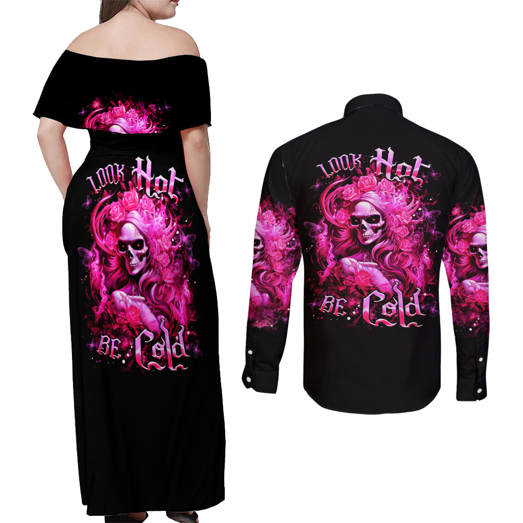 Skull Lady Couples Matching Off Shoulder Maxi Dress and Long Sleeve Button Shirt Look Hot Be Cold - Wonder Print Shop