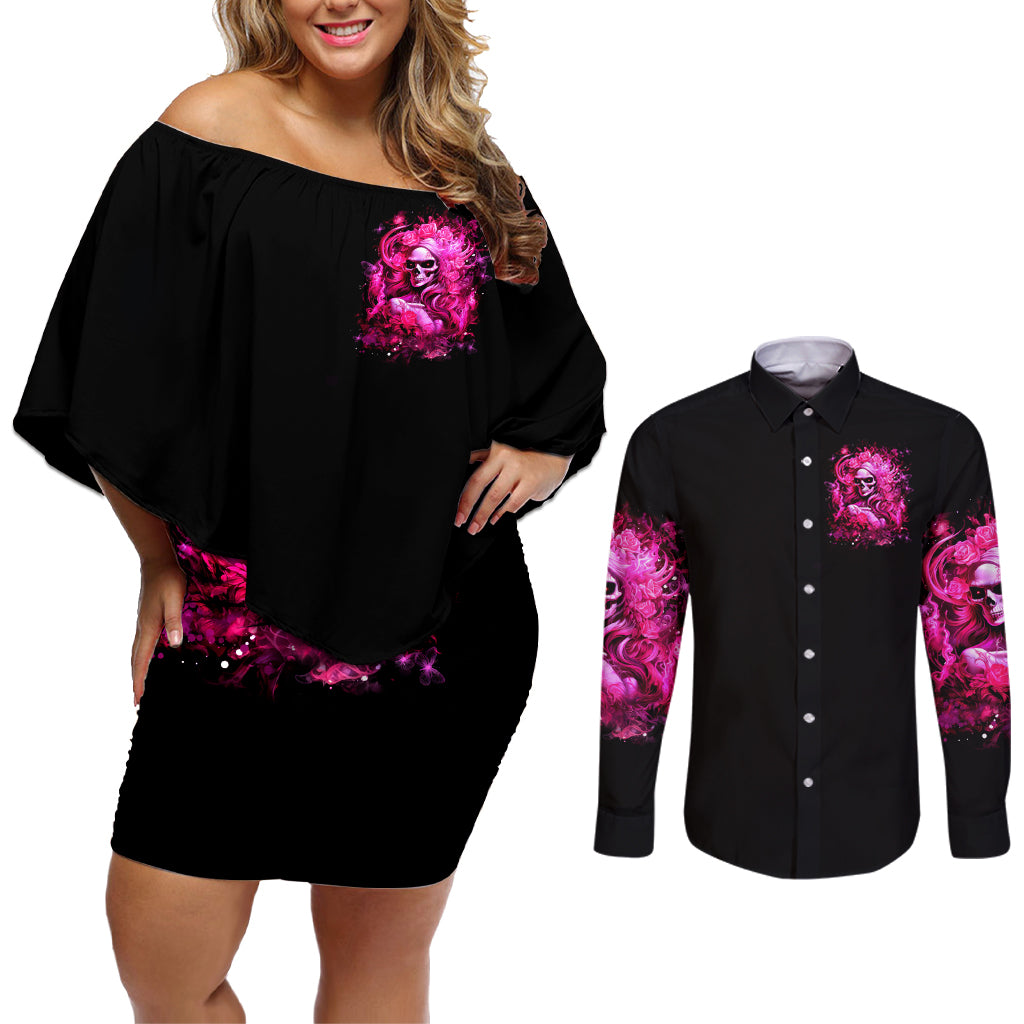 Skull Lady Couples Matching Off Shoulder Short Dress and Long Sleeve Button Shirt Look Hot Be Cold - Wonder Print Shop