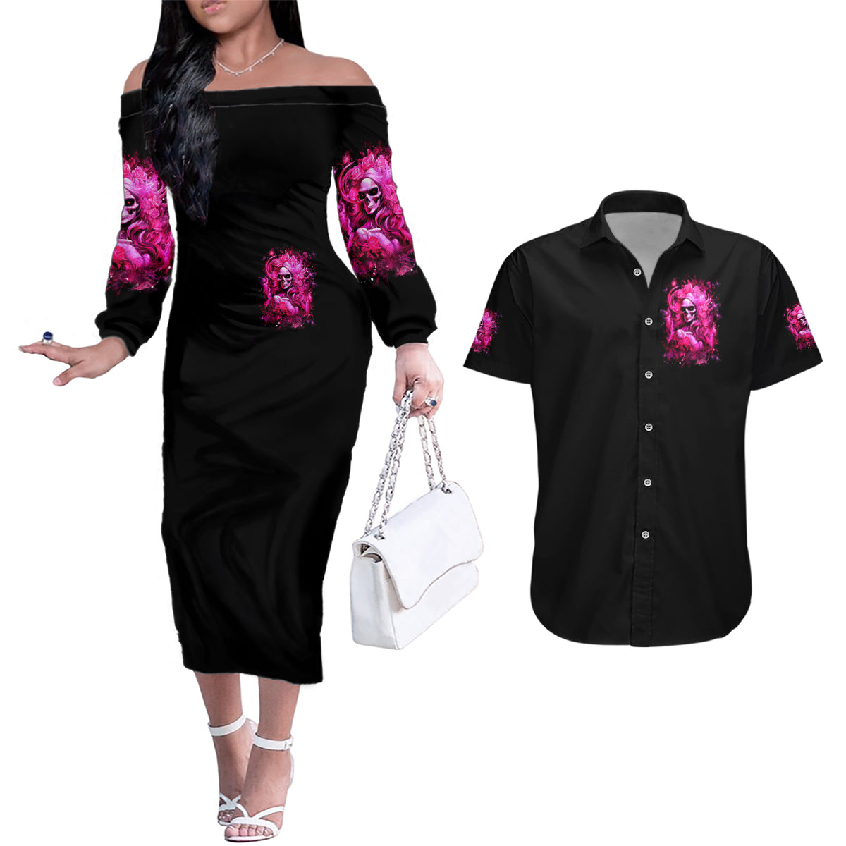Skull Lady Couples Matching Off The Shoulder Long Sleeve Dress and Hawaiian Shirt Look Hot Be Cold - Wonder Print Shop